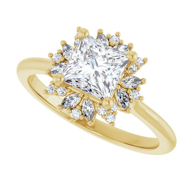 Floral halo ring with 1CT square center, front view variant--Square variant--1CT variant--14K-yellow-gold
