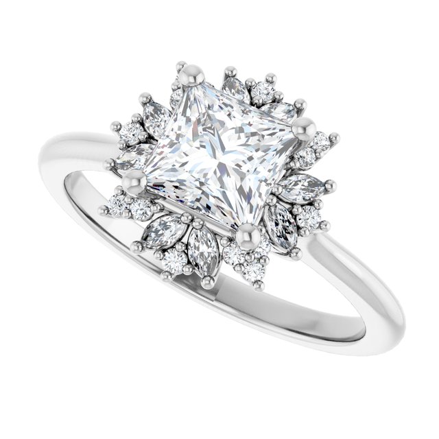 Floral halo ring square 2CT alternate perspective variant--Square variant--1CT variant--14K-white-gold