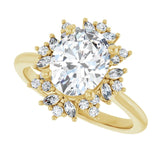 Floral halo ring with 2CT oval center, elevated view variant--Oval variant--2CT variant--14K-yellow-gold