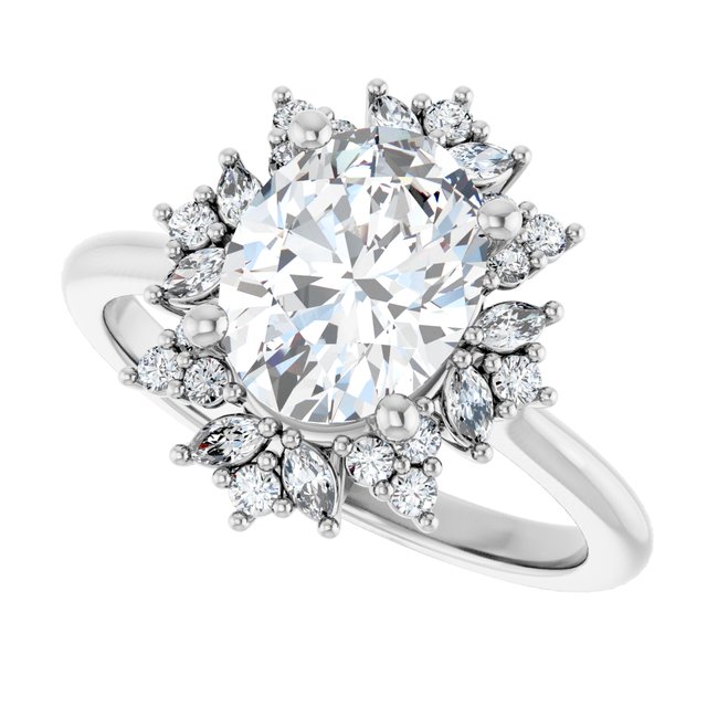 Floral halo ring with 2CT oval, side angle showing setting structure variant--Oval variant--2CT variant--14K-white-gold
