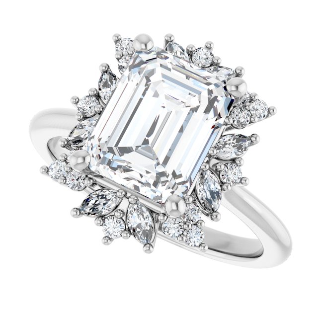 Floral halo ring with 2CT emerald-cut center, top-down view variant--Emerald variant--2CT variant--14K-white-gold