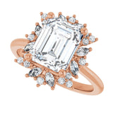 Floral halo ring in gold, close-up of floral diamond surround variant--Emerald variant--2CT variant--14K-rose-gold
