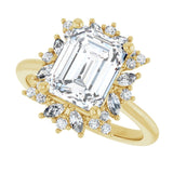 Floral halo ring in gold alternate perspective showing diamond arrangement variant--Emerald variant--2CT variant--14K-yellow-gold