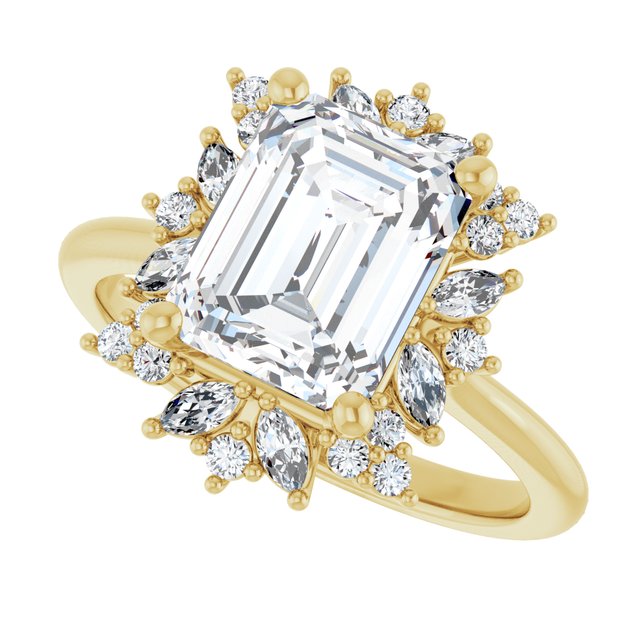Floral halo ring in gold alternate perspective showing diamond arrangement variant--Emerald variant--2CT variant--14K-yellow-gold