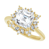 Floral halo ring with 2CT asscher center in gold variant--Asscher variant--2CT variant--14K-yellow-gold