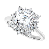 Floral halo ring asscher 2CT, side angle variant--Asscher variant--2CT variant--14K-white-gold
