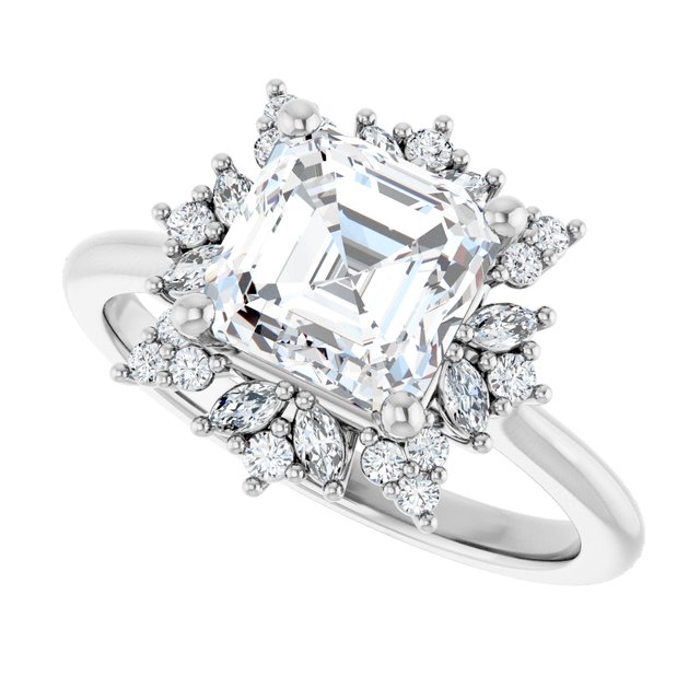 Floral halo ring asscher 2CT, side angle variant--Asscher variant--2CT variant--14K-white-gold
