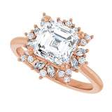 Floral halo ring cushion center, elevated angle view variant--Asscher variant--2CT variant--14K-rose-gold