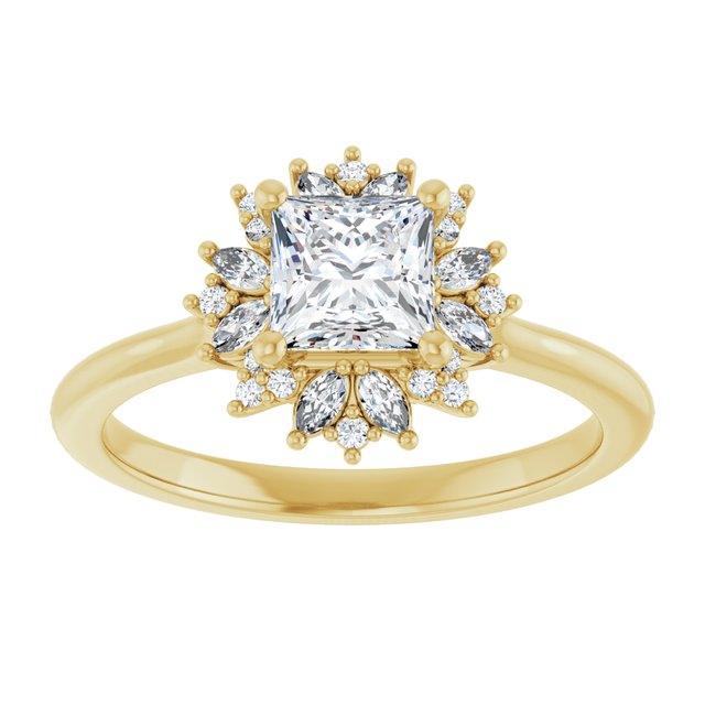 14K yellow gold .5CT Square-cut Diamond Floral Halo Diamond Engagement Ring Setting/2-CT variant--.5CT variant--Square variant--.5CT variant--14K-yellow-gold