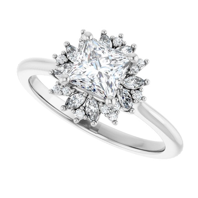 Floral halo ring square center, angled perspective/2-CT variant--.5CT variant--Square variant--.5CT variant--14K-white-gold
