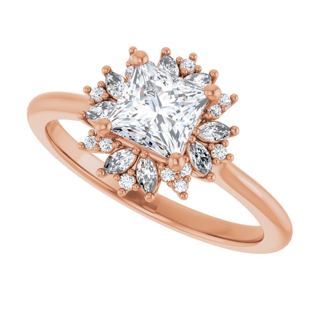 Floral halo ring square 1CT, alternate angle/2-CT variant--.5CT variant--Square variant--.5CT variant--14K-rose-gold