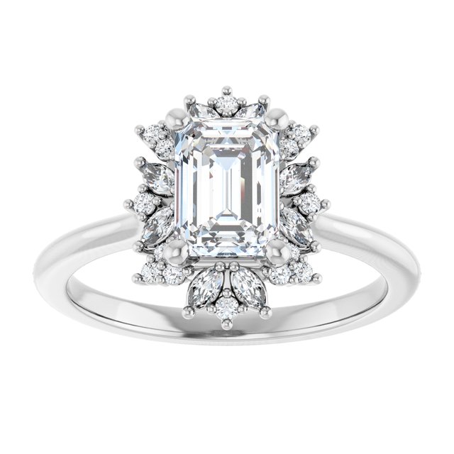 14K white gold .5CT Emerald-cut Diamond Floral Halo Diamond Engagement Ring Setting/2-CT variant--.5CT variant--Emerald variant--.5CT variant--14K-white-gold
