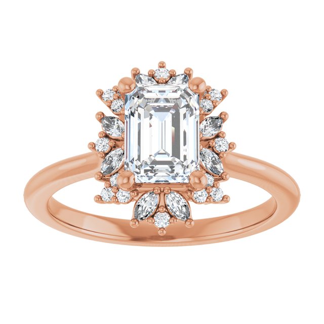 14K rose gold .5CT Emerald-cut Diamond Floral Halo Diamond Engagement Ring Setting/2-CT variant--.5CT variant--Emerald variant--.5CT variant--14K-rose-gold