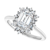 Floral halo diamond ring in 14K gold, product shot showing setting detail/2-CT variant--.5CT variant--Emerald variant--.5CT variant--14K-white-gold