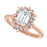 Floral halo ring in 14K gold three-quarter view of marquise accent diamonds/2-CT variant--.5CT variant--Emerald variant--.5CT variant--14K-rose-gold