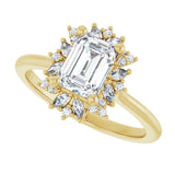 Floral halo ring in 14K gold alternate angle showing halo depth/2-CT variant--.5CT variant--Emerald variant--.5CT variant--14K-yellow-gold