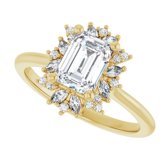 Floral halo ring in 14K gold alternate angle showing halo depth/2-CT variant--.5CT variant--Emerald variant--.5CT variant--14K-yellow-gold