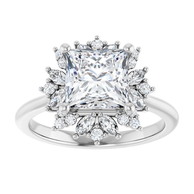 14K white gold 2CT Square-cut Diamond Floral Halo Diamond Engagement Ring Setting variant--Square variant--2CT variant--14K-white-gold
