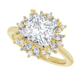 Floral halo ring with 2CT square center in gold variant--Square variant--2CT variant--14K-yellow-gold