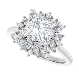 Floral halo ring large square center, front view variant--Square variant--2CT variant--14K-white-gold
