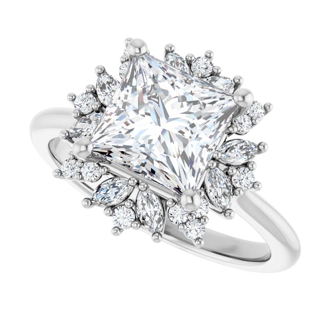Floral halo ring large square center, front view variant--Square variant--2CT variant--14K-white-gold