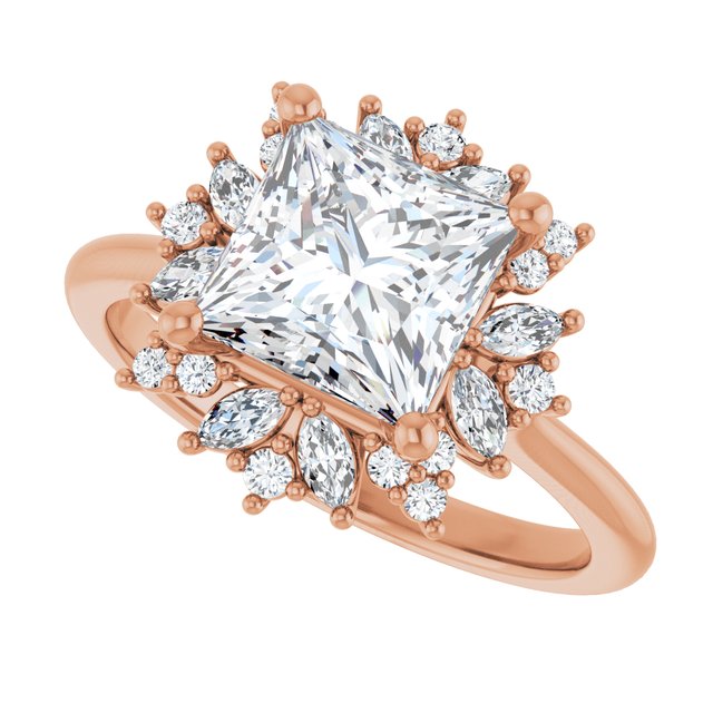 Floral halo ring square 2CT, three-quarter angle view variant--Square variant--2CT variant--14K-rose-gold