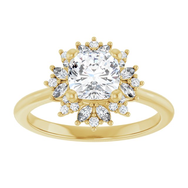 14K yellow gold 1CT Cushion-cut Diamond Floral Halo Diamond Engagement Ring Setting variant--Cushion variant--1CT variant--14K-yellow-gold