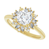 Floral halo ring with 1CT cushion center, front view variant--Cushion variant--1CT variant--14K-yellow-gold