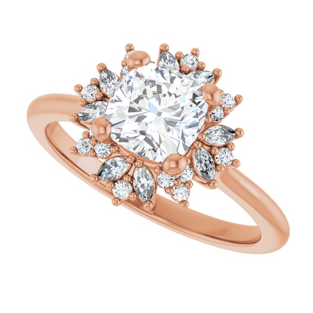Floral halo ring large cushion center, alternate angle variant--Cushion variant--1CT variant--14K-rose-gold