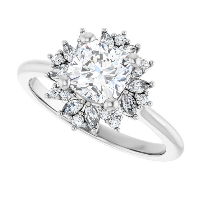 Floral halo ring 1CT cushion, side view variant--Cushion variant--1CT variant--14K-white-gold