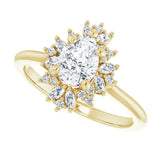 Floral halo ring with pear-cut center diamond in gold/2-CT variant--.5CT variant--Pear variant--.5CT variant--14K-yellow-gold