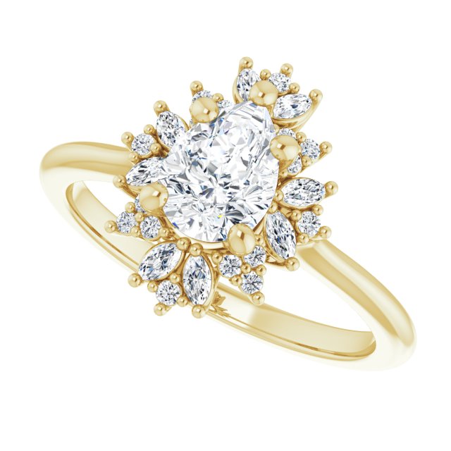 Floral halo ring with pear-cut center diamond in gold/2-CT variant--.5CT variant--Pear variant--.5CT variant--14K-yellow-gold