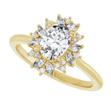 Floral halo ring with oval center stone in 14K gold, front view/2-CT variant--.5CT variant--Oval variant--.5CT variant--14K-yellow-gold