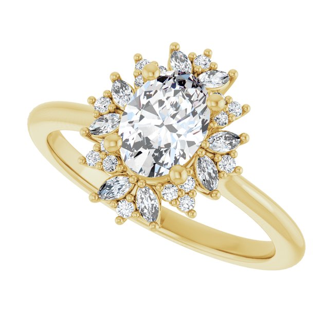Floral halo ring with oval center stone in 14K gold, front view/2-CT variant--.5CT variant--Oval variant--.5CT variant--14K-yellow-gold
