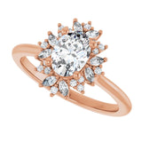 Floral halo ring oval center stone, three-quarter angle view/2-CT variant--.5CT variant--Oval variant--.5CT variant--14K-rose-gold