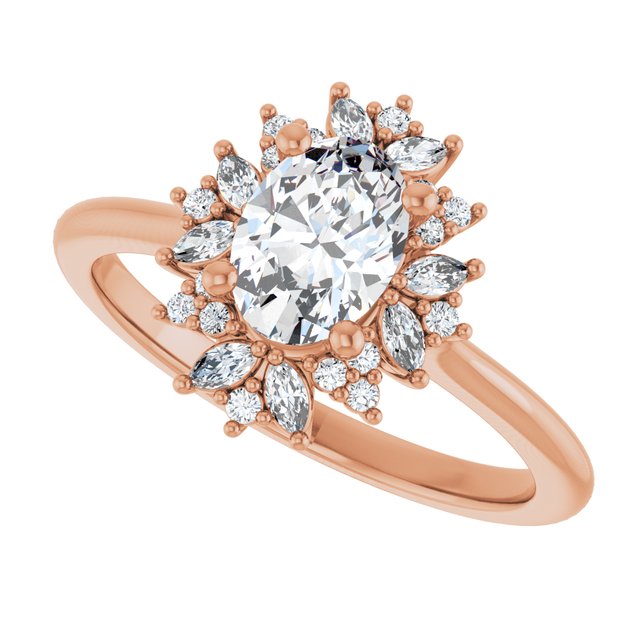 Floral halo ring oval center stone, three-quarter angle view/2-CT variant--.5CT variant--Oval variant--.5CT variant--14K-rose-gold