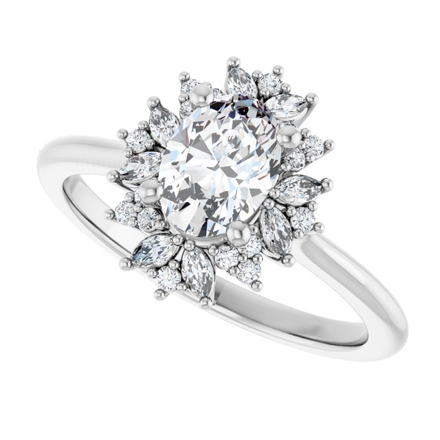 Floral halo ring with oval center in white gold, top view/2-CT variant--.5CT variant--Oval variant--.5CT variant--14K-white-gold