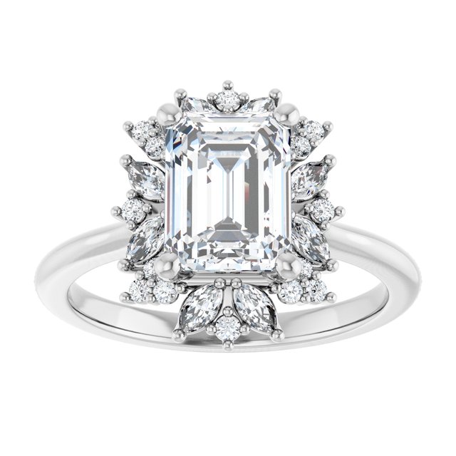 14K white gold 1CT Emerald-cut Diamond Floral Halo Diamond Engagement Ring Setting variant--Emerald variant--1CT variant--14K-white-gold
