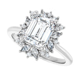Floral halo ring with larger emerald-cut center stone in gold setting variant--Emerald variant--1CT variant--14K-white-gold
