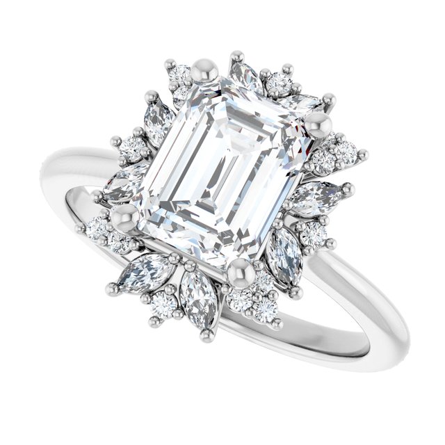 Floral halo ring with larger emerald-cut center stone in gold setting variant--Emerald variant--1CT variant--14K-white-gold