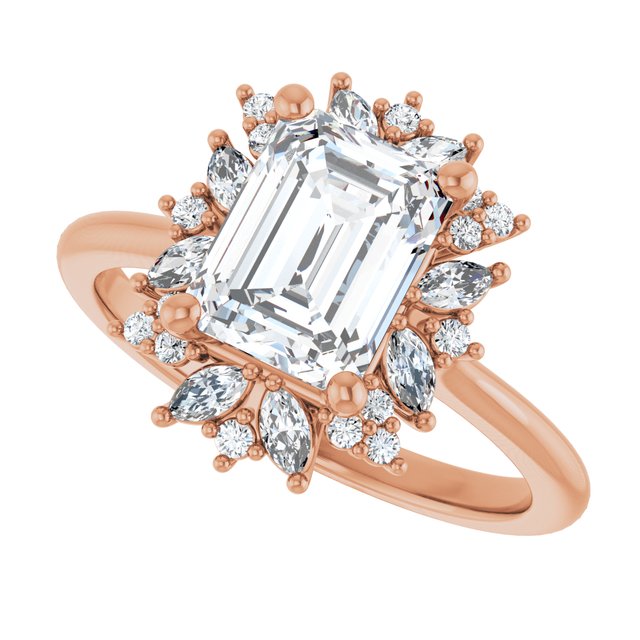 Floral halo ring with emerald center, side profile showing band and halo variant--Emerald variant--1CT variant--14K-rose-gold