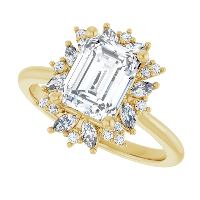 Floral halo ring larger center stone, alternate view showing light performance variant--Emerald variant--1CT variant--14K-yellow-gold