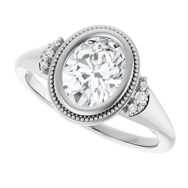 Milgrain bezel oval diamond ring, alternate angle variant--Oval variant--1CT variant--14K-white-gold