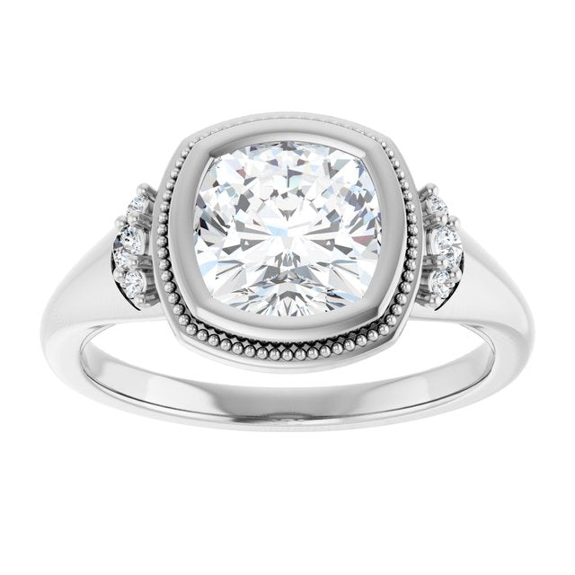 14K white gold 2CT Cushion Diamond Milgrain Bezel-Set Diamond Engagement Ring Setting/2-CT variant--.5CT variant--Marquise variant--.5CT variant--14K-white-gold
