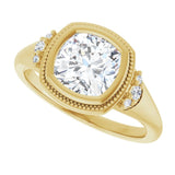 Milgrain bezel ring with 1CT cushion cut center variant--Cushion variant--2CT variant--14K-yellow-gold