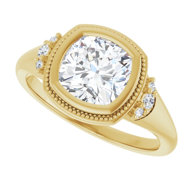 Milgrain bezel ring with 1CT cushion cut center variant--Cushion variant--2CT variant--14K-yellow-gold