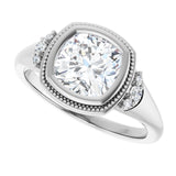 Milgrain bezel cushion diamond ring, three-quarter view variant--Cushion variant--2CT variant--14K-white-gold