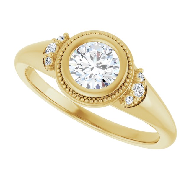 Milgrain bezel setting with 2CT emerald cut center stone/2-CT variant--.5CT variant--Round variant--.5CT variant--14K-yellow-gold