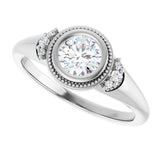 Milgrain bezel diamond ring, angled view of band/2-CT variant--.5CT variant--Round variant--.5CT variant--14K-white-gold