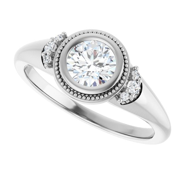 Milgrain bezel diamond ring, angled view of band/2-CT variant--.5CT variant--Round variant--.5CT variant--14K-white-gold